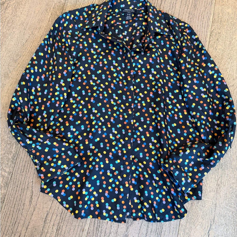 🌱Vintage Jones New York Confetti 100% Silk Button Down Silk Petite Small Blouse!